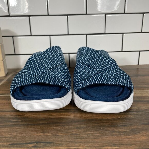 Ryka Nadine Womens Size 8 Shoes Navy Blue Stretch Cross Strap Wedge Slide Sandal - Picture 2 of 14